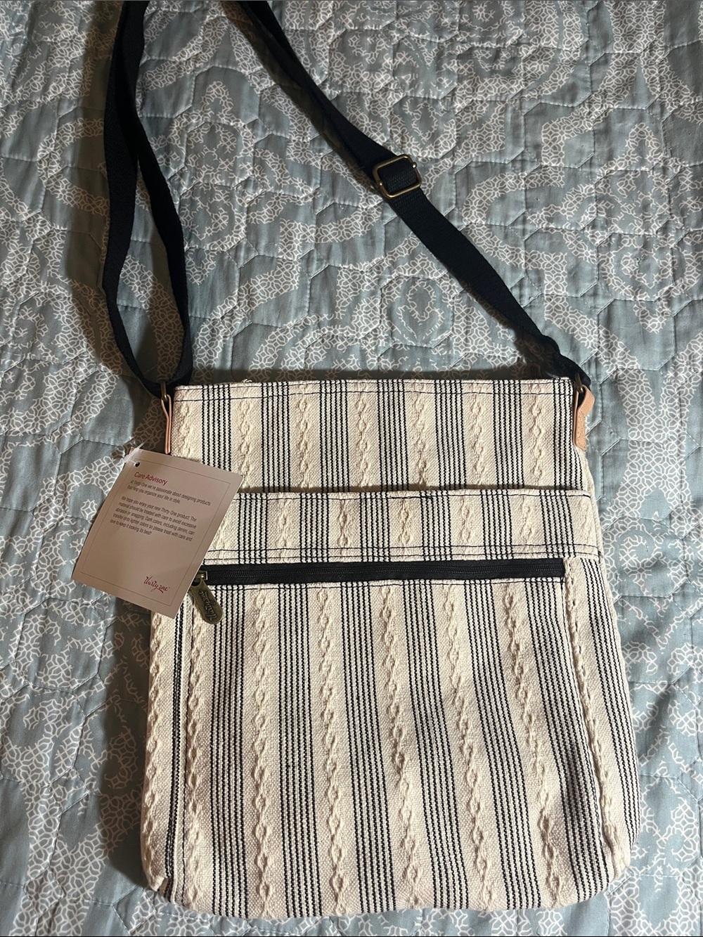 Thirty One New Striped Canvas Crossbody Bag in Cream and Black